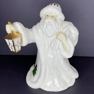 White Ceramic Musical Christmas St-Nick Figurine Gold Accents 9 in  *Video*